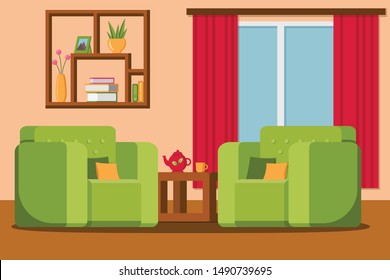 Modern room interior design vector illustration in flat style. Living room with furniture. 