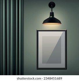 Modern room interior with glowing wall lamp blank picture frame and curtain realistic vector illustration