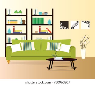 Modern room interior with the green sofa, shelves and coffee table. Flat style vector illustration.