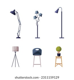 Modern Room Interior Items with Lamp, Chair and Houseplant Vector Set - Shutterstock ID 2311159129