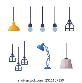 Moderne Zimmer-Innenausstattung mit Lampen und Licht, die von der Decke des Vektorsets abweichen