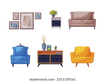 Modern Room Interior Items with Sofa, Pictures on Wall and Cabinet Vector Set