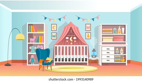 Modern room interior for newborn kid. Interior bedroom for a baby with a cot, a dresser, armchair, a shelf. Vector illustration.