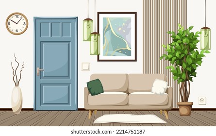 Modern room interior with a sofa, an abstract painting, a blue door, a big ficus tree, and green lamps. Foyer interior design. Cartoon vector illustration