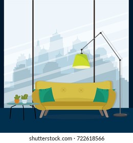 Modern room interior with sofa, lamp, coffee table and city view. Flat style vector illustration