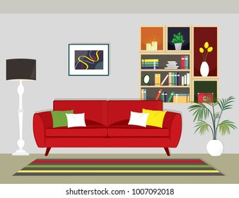 Modern room interior with a sofa, shelves and palm plant. Flat style vector illustration.