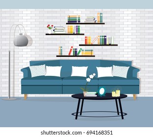Modern room interior with sofa, shelves and coffee table. Flat style vector illustration