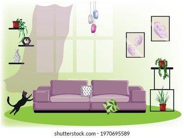 Modern room interior. The interior of the room with a sofa is modern. Vector illustration.