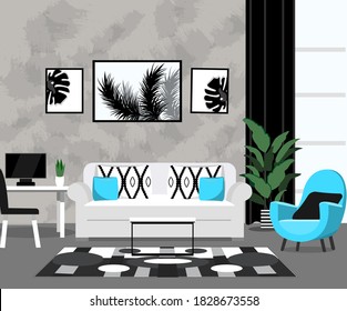 Modern room interior with white sofa, turquoise armchair, paintings on the black wall, table and computer. Vector illustration