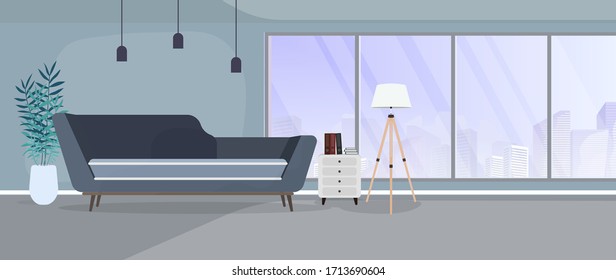 Modern room with large windows. Sofa, stand with books, floor lamp, houseplant, panoramic windows, room, office. Vector illustration.