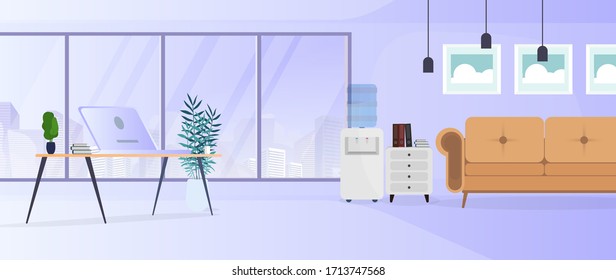 Modern room with large windows. Sofa, stand with books, floor lamp, houseplant, panoramic windows, room, office. Vector illustration.