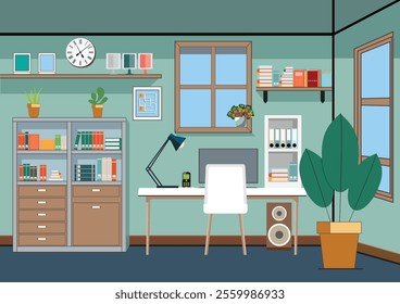 Modern room with minimal interior, decor at wooden table, shelves and chair. Concept of contemporary workplace, Home office interior vector illustration.
