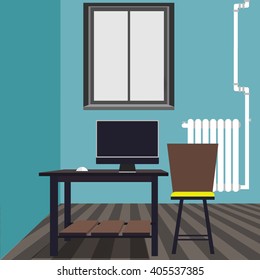Modern room in minimalist style. Flat Design. Guest room, working room. Vector Illustration. Workplace in room.Wooden desk with  computer. Room minimum content. White battery on the wall. one window.