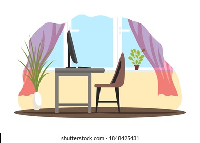 Modern room for work interior design background. Room at home with chair, table with computer monitor and keyboard, plants, windows. Empty cosy area for working vector illustration.