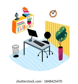 Modern room for work interior design background. Room with chair, table with computer monitor and keyboard, plant, shelf with books, clock. Empty cosy area for working vector illustration.