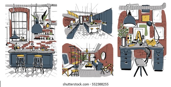 Modern rooms interiors in loft style. Set of hand drawn colorful illustration.
