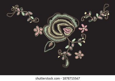 Modern rose embroidery patch with stitch texture