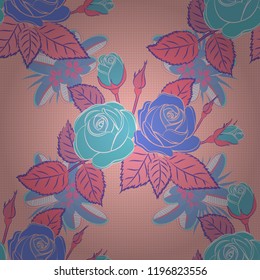 Modern rose flower pattern with royal roses. Colored orient pattern in blue, pink and beige colors. Seamless floral ornament.