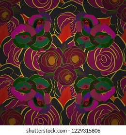 Modern rose flower pattern with royal roses. Colored orient pattern in green, purple and gray colors. Seamless floral ornament.