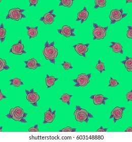 Modern rose flower pattern with royal roses. Colored orient pattern on a green background. Seamless floral ornament.