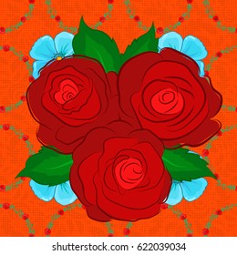 Modern rose flower pattern with royal roses. Colored orient pattern on a orange background. Seamless floral ornament.