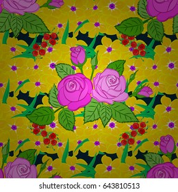 Modern rose flower pattern with royal roses. Colored orient pattern on a blue background. Seamless floral ornament.