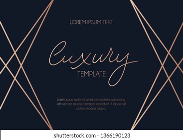 Modern Rose Gold Card With Abstract Lines And Navy Blue Background. Trendy Geometric Shapes For Wedding, Invitation Etc.