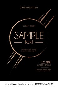 Modern rose gold design template with brush effect. Abstract design for invitation, greeting card. Black background with brush strokes. Vector illustration
