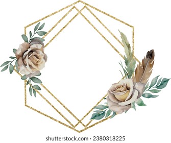 Modern roses and feather wedding invitation card, vector template with watercolor floral frame, gold geometric borders in double rhombus shape. Greenery floral gold borders. Template space for text, m