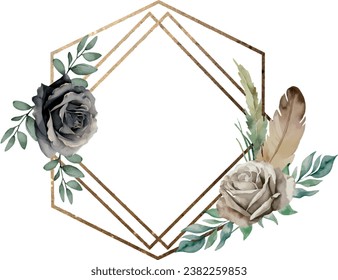 Rosas modernas y tarjeta de invitación a boda de plumas, plantilla vectorial con marco floral acuarela, bordes geométricos dorados antiguos en forma de doble rhombus. Bordes dorados florales verdes. Espacio de plantilla para texto