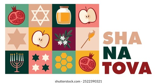 Moderne Rosh Hashanah Grußkarte, Einladung. Shana Tova Hintergrund, Banner mit Honig, Apfel, Granatapfelfrucht. Menorah Kerzenhalter. Geometrisches Format. Frohes jüdisches Neujahrskonzept