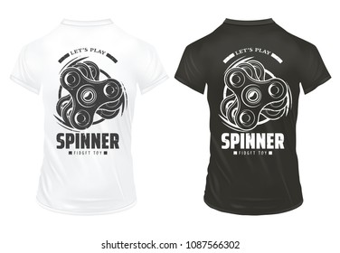 Modern rotating fidget spinner prints template on black and white shirts in vintage style isolated vector illustration