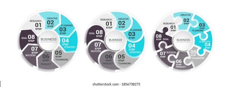 Modern Round 3D Infographic Chart Template with a Eight Steps for Success. Business Circle Template with Options for Brochure, Diagram, Workflow, Timeline, Number Options. Vector EPS 10