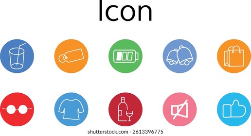 Modern Round Colored Icon Set with White Line Illustrations of Daily Objects