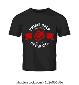 Modern round craft beer drink vector logo sign for bar, pub, store, brewhouse or brewery isolated on black t-shirt mock up. Premium quality hop logotype illustration. Brewing fest fashion badge design