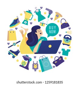 Modern round design concept of flat web pages to a web site and mobile web site. Girl with a computer shopping in the online store. Vector illustration.