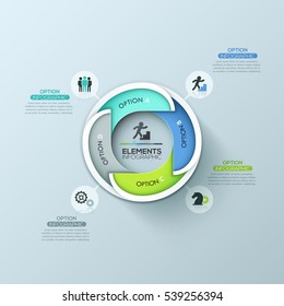 Modern round infographic design template with 4 lettered overlapping elements connected with text boxes. Strategic steps to business success concept. Vector illustration for presentation, brochure.