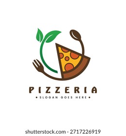 Modelo moderno redondo de logotipo de pizza com uma fatia, colher, garfo e folha verde - perfeito para pizzarias, pizzarias e marcas de entrega de alimentos.