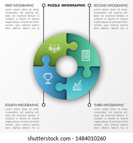 Modern round timeline 4 puzzle pieces colorful connected. Concept jigsaw strategic plan four stages. Realistic puzzle infographic design circle template. Vector business progress puzzle 4 analysis
