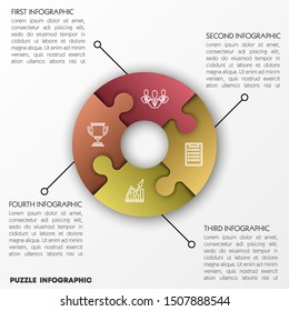 Modern round timeline 4 puzzle pieces colorful connected. Concept jigsaw strategic plan four stages. Realistic puzzle infographic design circle template. Vector business progress puzzle 4 analysis