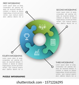Modern round timeline 4 puzzle pieces colorful connected. Concept jigsaw strategic plan four stages. Realistic puzzle infographic design circle template. Vector business progress puzzle 4 analysis