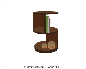 Modern Round Wooden Bookshelf with Three Tiers, Minimalist Display Shelf for Books and Decor, Contemporary Storage Furniture Isolated on White Background Illustration