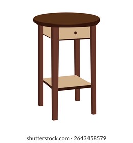 Modern Round Wooden Side Table with Drawer and Shelf, Minimalist Bedside or Accent Table for Living Room or Bedroom, Isolated on White Background Illustration

