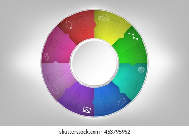 Modern rounded infographics with 8 steps embossed to backdrop. Modern eight steps timeline infographic with outline icons, 3D circle for text in pie chart shape connected with arrows.