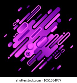 Modern rounded style geometric background. Abstract dynamic composition made of pink, ultra violet diagonal shapes, lines, stripes, rectangles, circles. Minimalistic motion design element.