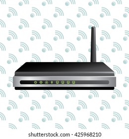 Modern Router with Antenna and Lit Technical Symbols 3d Illusion Illustration - Black Green and Grey Objects on the Radiowave Symbol Wallpaper Background - Gradient and Flat Design
