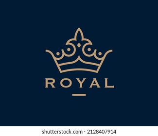 Modern royal crown logo. Premium luxury gold brand line icon. Elegant golden business symbol. Jewelry design element. Vector illustration.