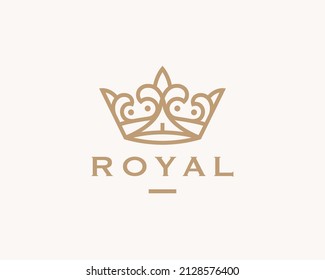 Modern royal gold crown logo. Premium luxury brand line icon. Elegant golden business symbol. Jewelry design element. Vector illustration.