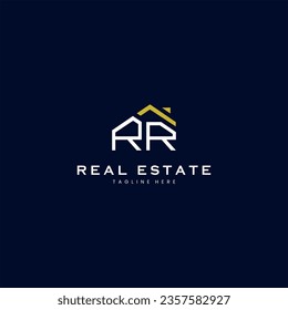 modern RR letter real estate logo in linear style with simple roof building in blue