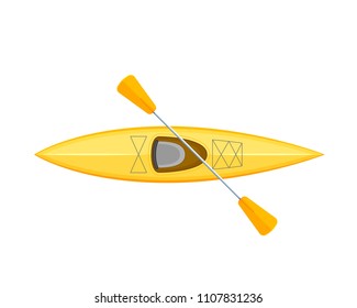 Modern rubber boat canoe with oars. Water transport, fishing boat, travel and hobbies. Transport for entertainment, attractions, river and sea holidays on a trip, top view. Vector illustration.